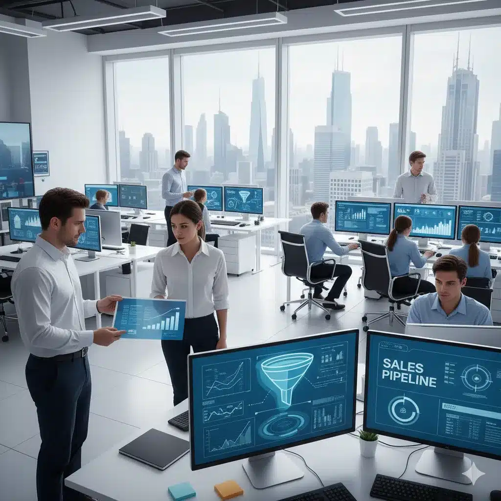 Une photographie réaliste et en haute résolution d'employés dans un bureau moderne et bien éclairé avec de grandes fenêtres et une belle vue sur une ville moderne. Les employés, vêtus de chemises et de polos, travaillent sur des ordinateurs. L'ambiance est lumineuse avec des couleurs vives et saturées.